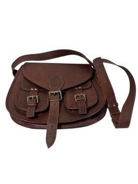 Leather Satchel Bag. Crossbody. Cognac brown. Lime green lining